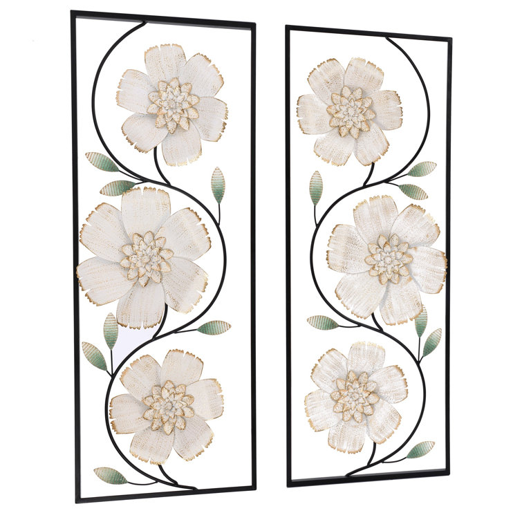 Lark Manor 2 Piece Magnolia Flowers Black Metal Wall Décor Set
